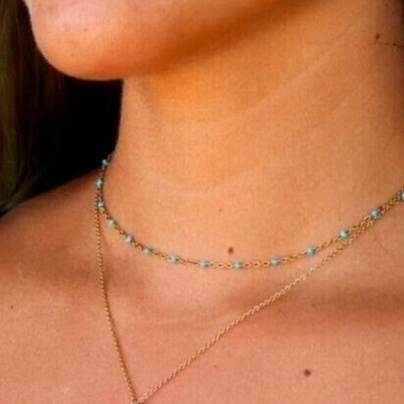 Blue Dainty Enamel Dot Necklace Waterproof layering necklace non-tarnish Gold - Picture 1 of 11